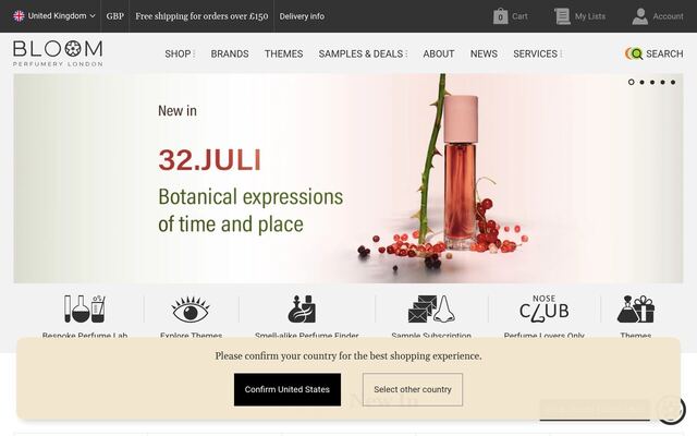 Bloom Perfumery Sample Subscription homepage