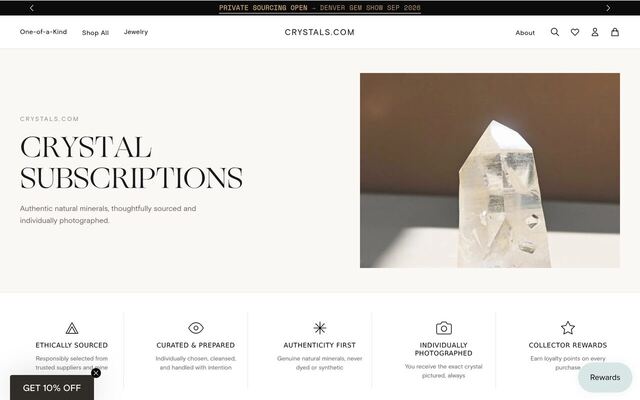 Crystals.com Crystal Subscription Box homepage