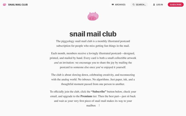 Piggyology Snail Mail Club homepage